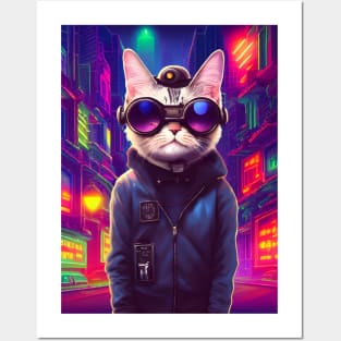 Techno Cat In Japan Neon City Posters and Art